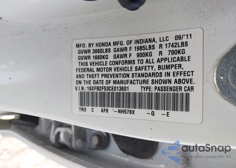 2012 Honda Civic Lx из США, поврежденный, VIN 19XFB2F53CE013601